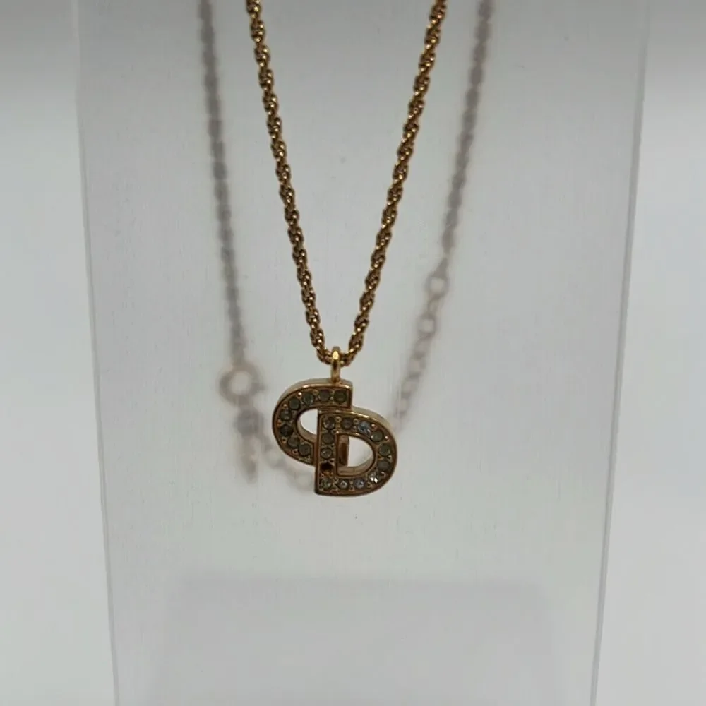 CHRISTIAN DIOR VINTAGE "CD" CRYSTAL CHARM GOLD NECKLACE - Picture 2 of 6